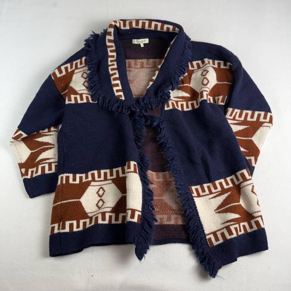 Cocogiò Italy Womens Southwestern Fringe Open Front Cardigan Sweater Navy Blue M